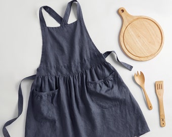 Linen Pinafore Apron: Vintage Style Crossback with Pockets