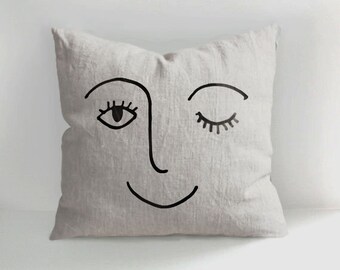 Sofa Decor Pillow Covers, A happy face, Hand Drawn Throw Linen Pillows, Natural Linen, Unique Sofa Decor, Minimal Decor