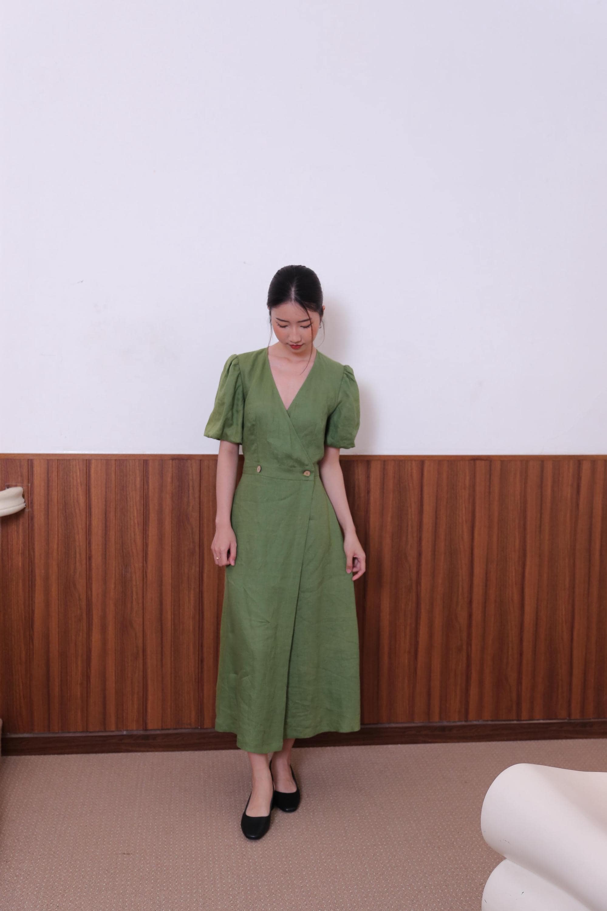 Green Linen Wrap Dress - Women’s Puff Sleeve Midi Summer Dress - Boho Chic Casual Outfit