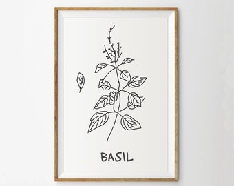 Basilicumprint - Keukenkunstprint - Kruidenprint - Botanische print - Tuinprint - Lentekunst - Monochroom - Digitale print