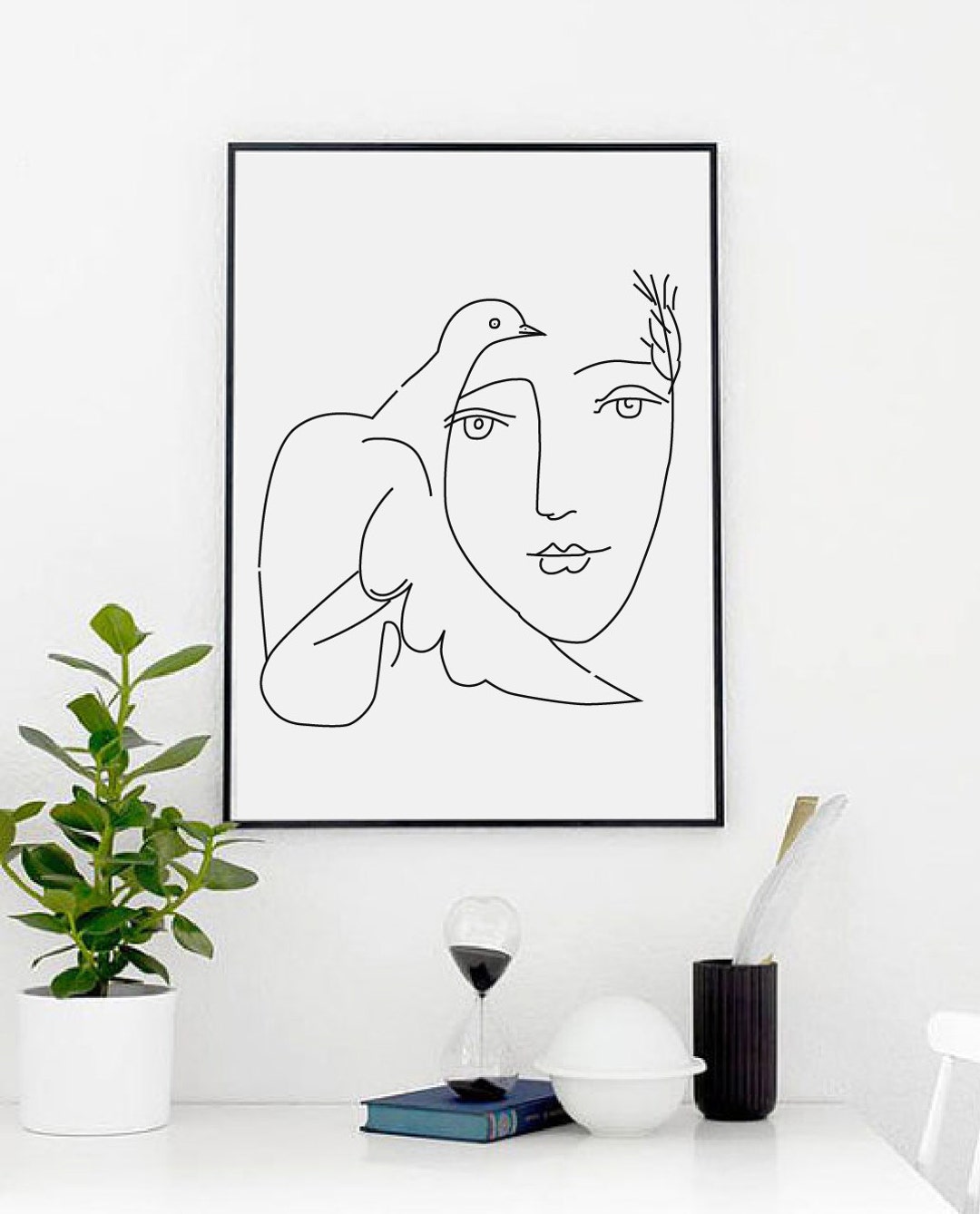 ピカソの「少女と鳩」の版画：ミニマリストの平和スケッチ（デジタル