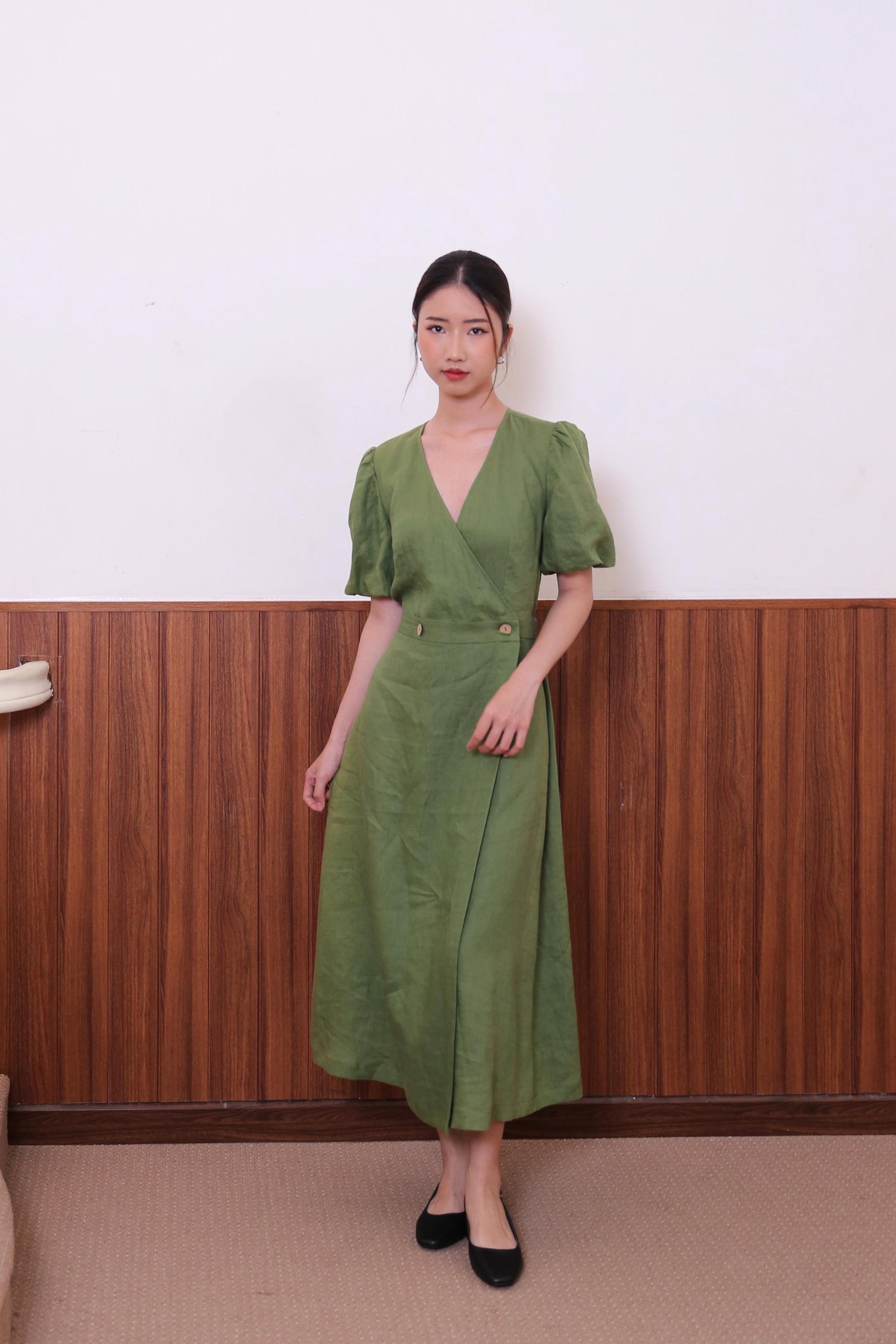 green linen puff sleeve dress Linen Puff Sleeve Empire Waist Midi Dress ESME