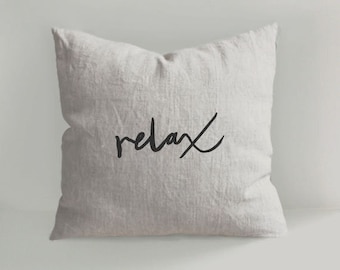 Relax linen pillows, Hand Drawn Linen Pillow Cover, Decorative Pillow Covers, Cushions, Natural linen, Room Decor Pillows, Throw Pillows