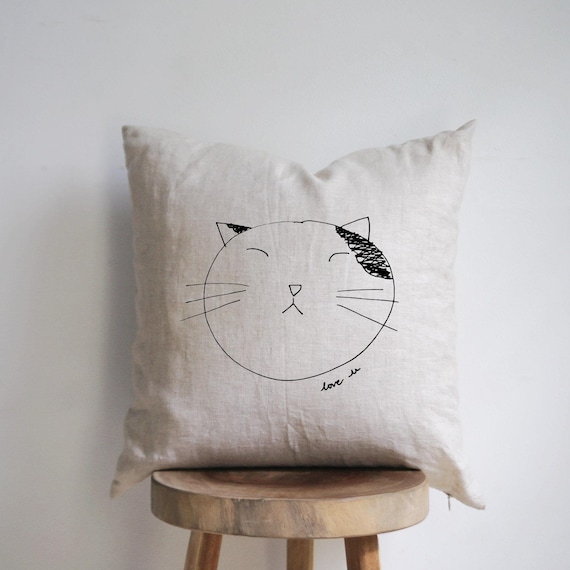 Funda de almohada de lino con dibujo de gato, dibujo a mano