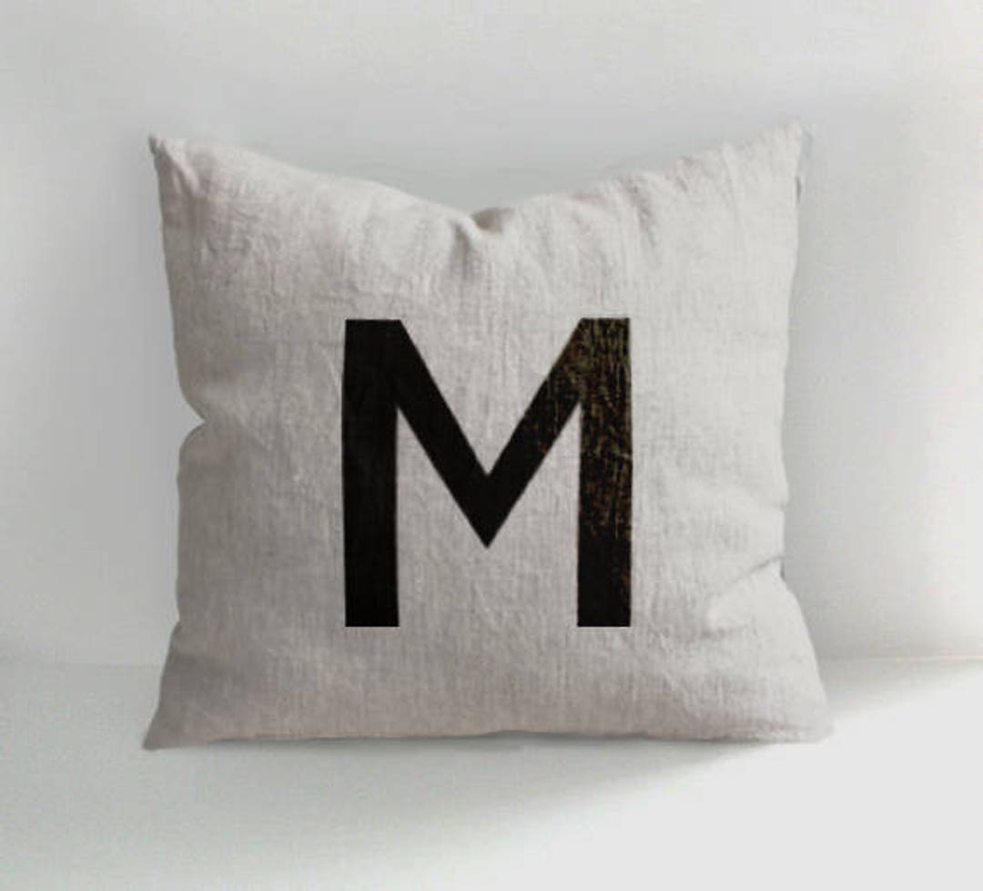 Letter M Pillow Name Initial Pillow Cover Hand Drawn Linen Etsy