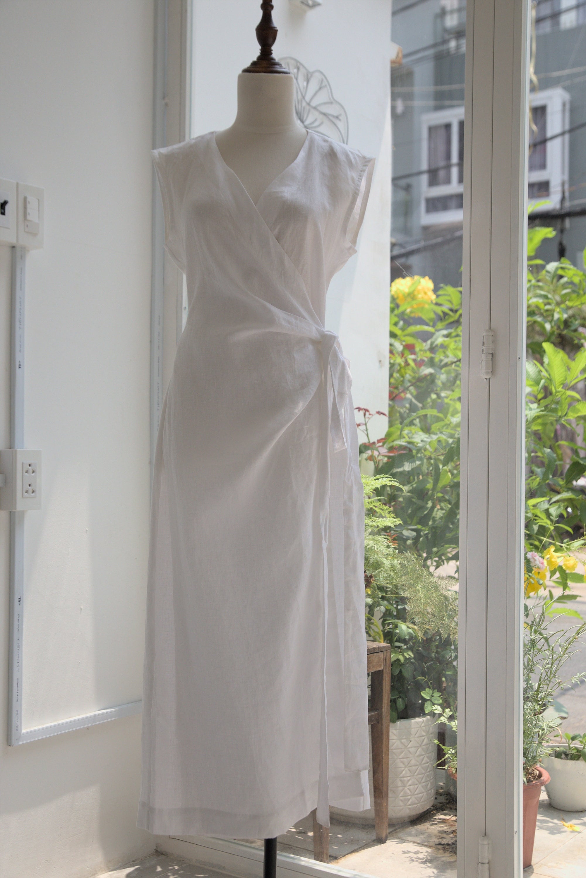 Linen Kimono Wrap Dress, White Color, Designed by Anam