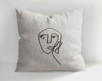 Hand-Drawn Face Linen Pillow Cover: Light Oatmeal Decor Cushion