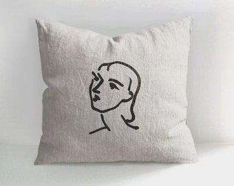 A woman sketch linen decor pillow covers, 100% Hand Drawn Linen Pillow Cover, Matisse styled Decor linen pillow covers