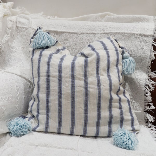 Blue Stripes pillow with handmade tassels, Decorative Pillow Cushions, Natural linen Lumbar pillow sizes, 18x18 20x20 26x26,