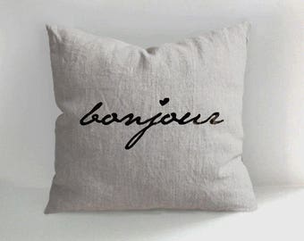 Linen Pillow - Bonjour - Decorative Pillow Cover - Throw Pillows - Natural Linen -  Cushions - Decorative Cushions - Hand drawn