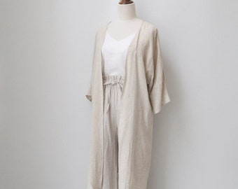 Long Linen Kimono coat, natural color of linen, japanese styled outfit with custom size available, homewear