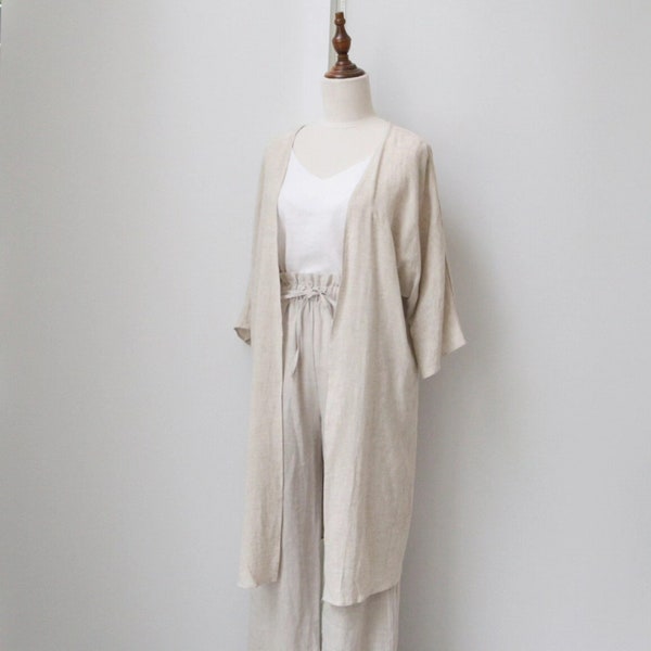 Long Linen Kimono coat, natural color of linen, japanese styled outfit with custom size available, homewear