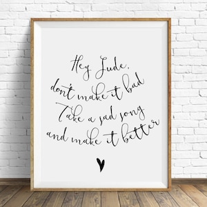 Lyrics Prints, Hey Jude, Beatles lyrics print, Wall Decor Art