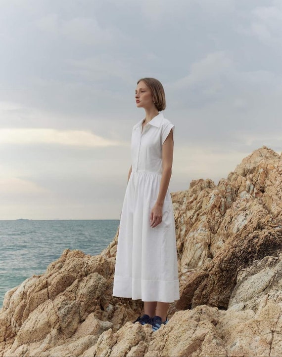 long flowy shirt dress White Linen Shirt Dress: Long Flowy Natural Fiber
