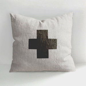 Hand Painted Swiss Cross Linen Throw Pillow Covers,  Decorative Cushions, Natural Linen, Scandinavian Style, Minimal Decor