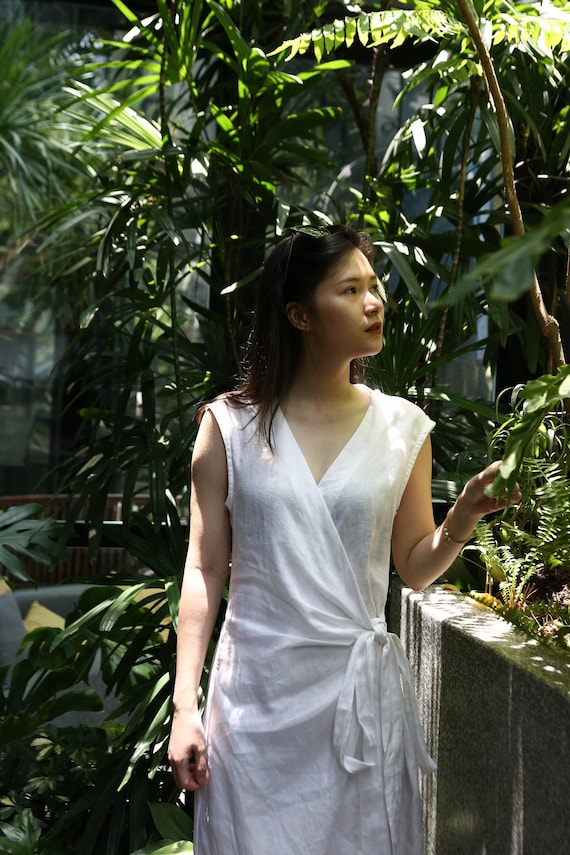 white linen kimono dress Linen Kimono Wrap Dress, White Color, Designed by Anam