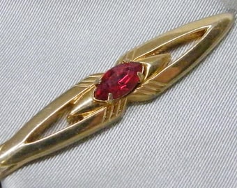Elegant Vintage Swank MCM Tie Clip Red Rhinestone & Gold-Tone Mid-Century Modern Men&#39;s or Women&#39;s Accessory