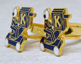 Vintage Cufflinks Blue Enamel Robot: Pat 2472958 Bright Gold-Tone