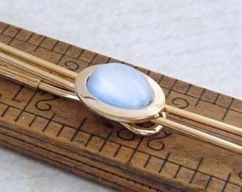 Gold-Tone Vintage Tie Bar; Ethereal Blue Opalescent Glass Cabochon