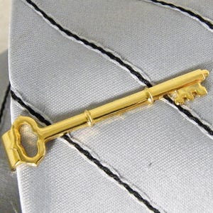 May include: A gold-colored key-shaped tie clip. The tie clip is positioned on a light gray tie with black diagonal stripes. The key design features a detailed head and a slender stem.