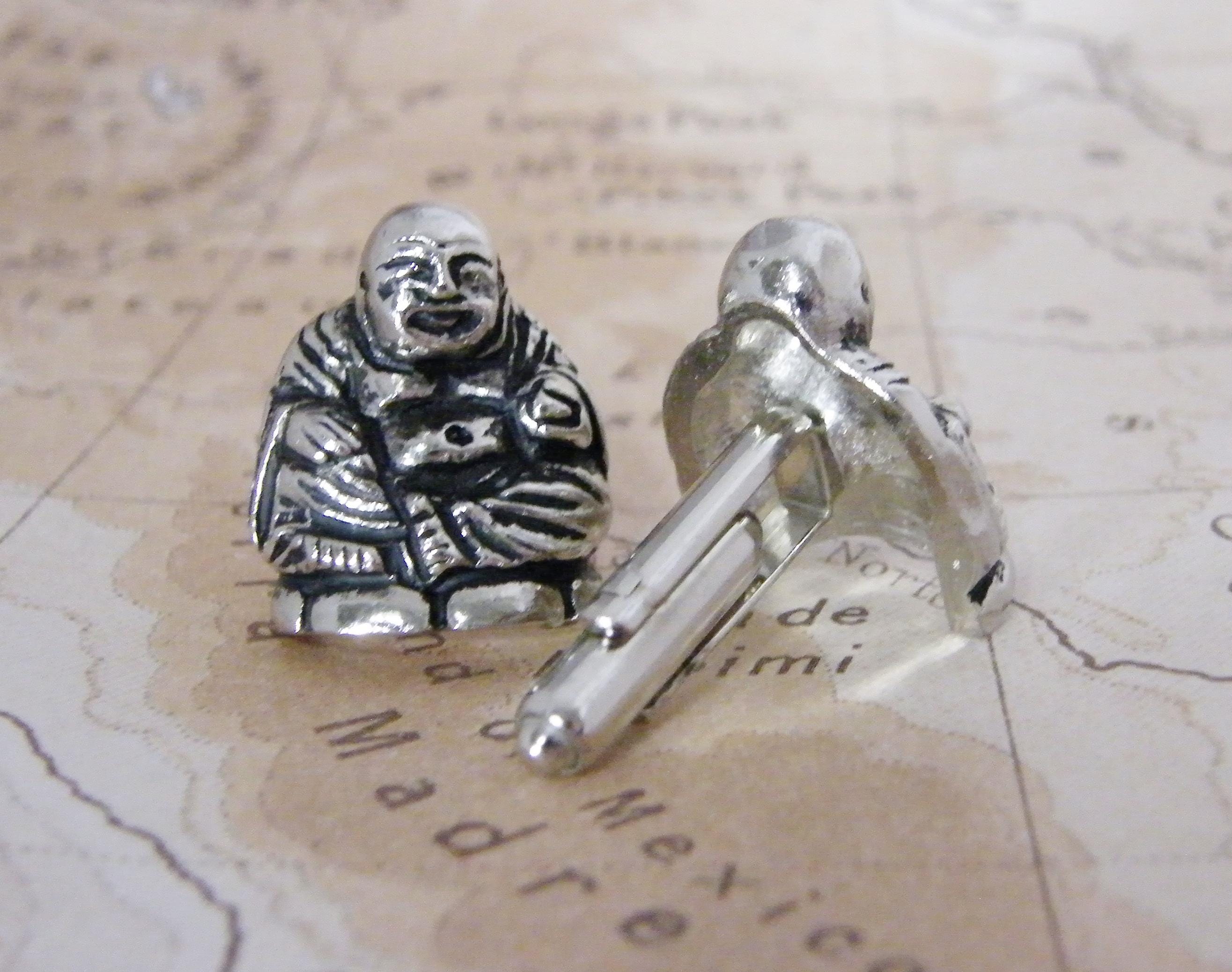 Vintage Smiling Seated Buddha Cufflinks Silver-Tone w Black Accent Cuff Links Men's or Women's Accessory
