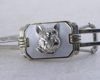 Art Deco Dog Head & Mother of Pearl Tie Bar Fab! Vintage Silver-Tone English or French Bulldog Tie Clip!