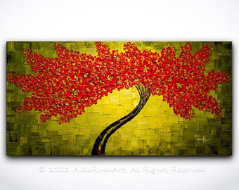 Modern Tree Painting ORIGINAL Large Abstract Red Cherry Blossom Tree Palette Knife Thick Texture Contemporary Oil Art - Made to Order