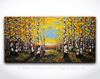 Birch Forest in Fall Oil Painting ORIGINAL Modern Contemporary Birch Trees in Fall Palette Knife Texture Landscape - Made to Order