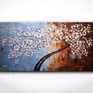 Modern Tree Painting ORIGINAL Large Abstract White Cherry Blossom Tree Palette Knife Impasto Texture Contemporary Oil 48" - Made to Order