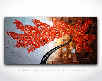 Modern Tree Painting ORIGINAL Abstract Red Cherry Blossom Tree Landscape Palette Knife Impasto Contemporary Oil Art 40&quot;