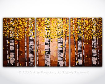 Triptych Tree Painting ORIGINAL Abstract Yellow Birch Trees Palette Knife Thick Texture Contemporary Oil Art Huge Size
