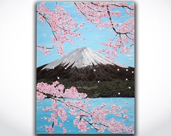 Fuji Sakura Mountain Painting ORIGINAL Large Abstract White Cherry Blossom Tree Mountain Palette Knife Impasto Texture Contemporary Oil 32&quot;