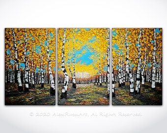 Triptych Birch Forest in Fall Oil Painting ORIGINAL Modern Contemporary Birch Trees in Spring Palette Knife Texture Landscape Huge Size