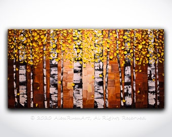 Abstract Yellow Birch Trees ORIGINAL Painting Impasto Aspen Landscape Oil Painting Heavy Textured Modern Palette Knife Art 48&quot; Made to Order
