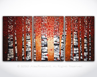 Triptych Tree Painting ORIGINAL Abstract Red Birch Trees Palette Knife Thick Texture Contemporary Oil Art Huge Size