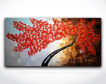 Modern Tree Painting ORIGINAL Abstract Red Cherry Blossom Tree Landscape Palette Knife Impasto Contemporary Oil Art 48" - Made to Order