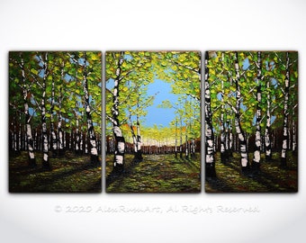 Triptych Birch Forest in Spring Oil Painting ORIGINAL Modern Contemporary Birch Trees in Spring Palette Knife Texture Landscape Huge Size