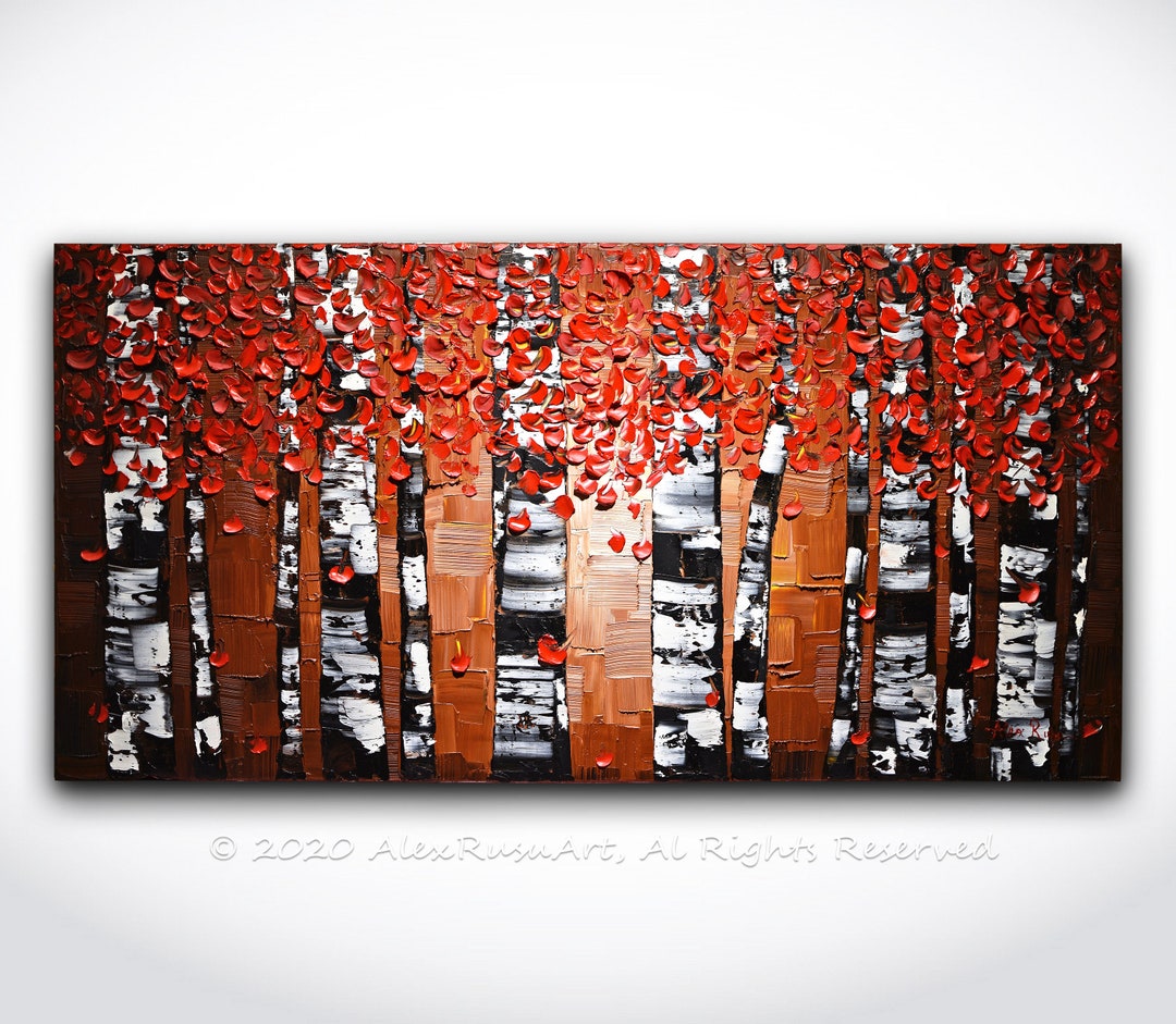 Abstract Red Birch Trees ORIGINAL Painting Impasto Aspen Landscape Oil ...