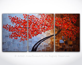 Triptych Tree Painting ORIGINAL Abstract Red Cherry Blossom Tree Palette Knife Thick Texture Contemporary Oil Art Huge Size