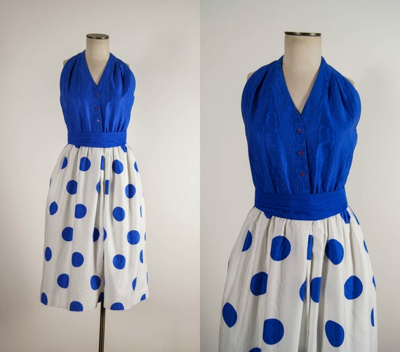 vintage 1980s dress / 80s blue halter polka dot dr