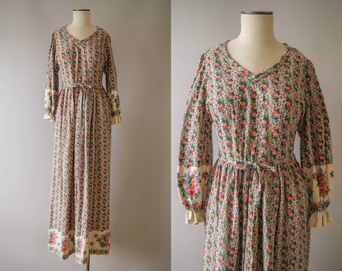 Vintage 1970s Dress / 70s Cotton Jersey Floral Maxi Dress / Medium ...