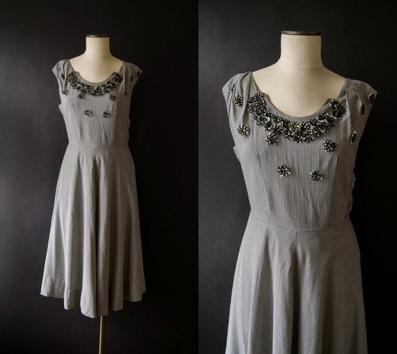 vintage 1950s dress / 50s gingham applique dress /