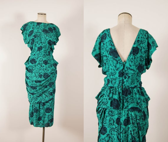 vintage 1980s dress / 80s-does-40s green floral ra