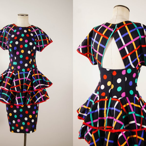 vintage 1980s dress / 80s rainbow polka dot backless dress / small / Confetti Dress