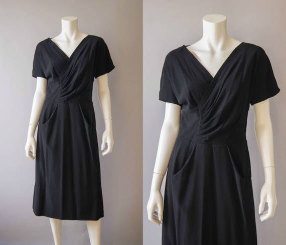 vintage 1950s dress / 50s black faux wrap dress /