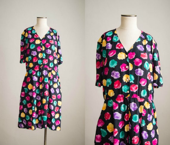 vintage 1980s romper / 80s colorful rayon romper /