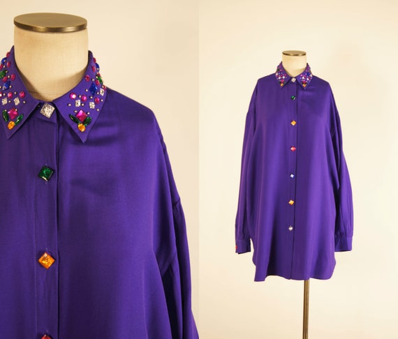 Vintage 80\u2019s Bejeweled V-neck Denim Shirt with 34 Sleeves and Shoulder Pads Women\u2019s Size 12Medium-Large
