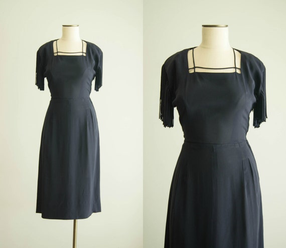 vintage 1940s dress / 40s rayon fringe sleeve dres