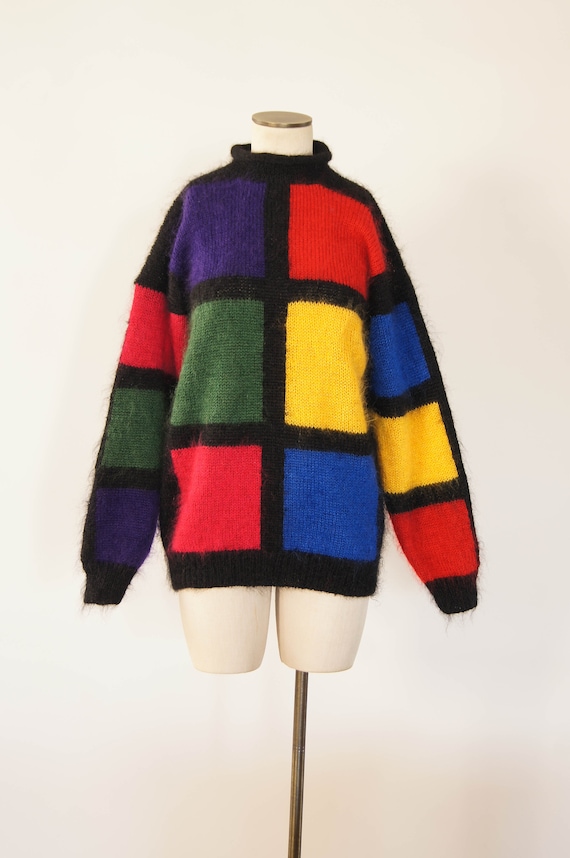 vintage 1980 sweater / 80s colorblock mohair pullo