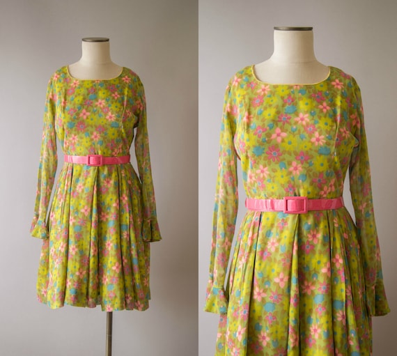 vintage 1960s dress / 60s long sleeve floral mini